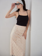 Ribbon embroidered lace tight skirt ピンク