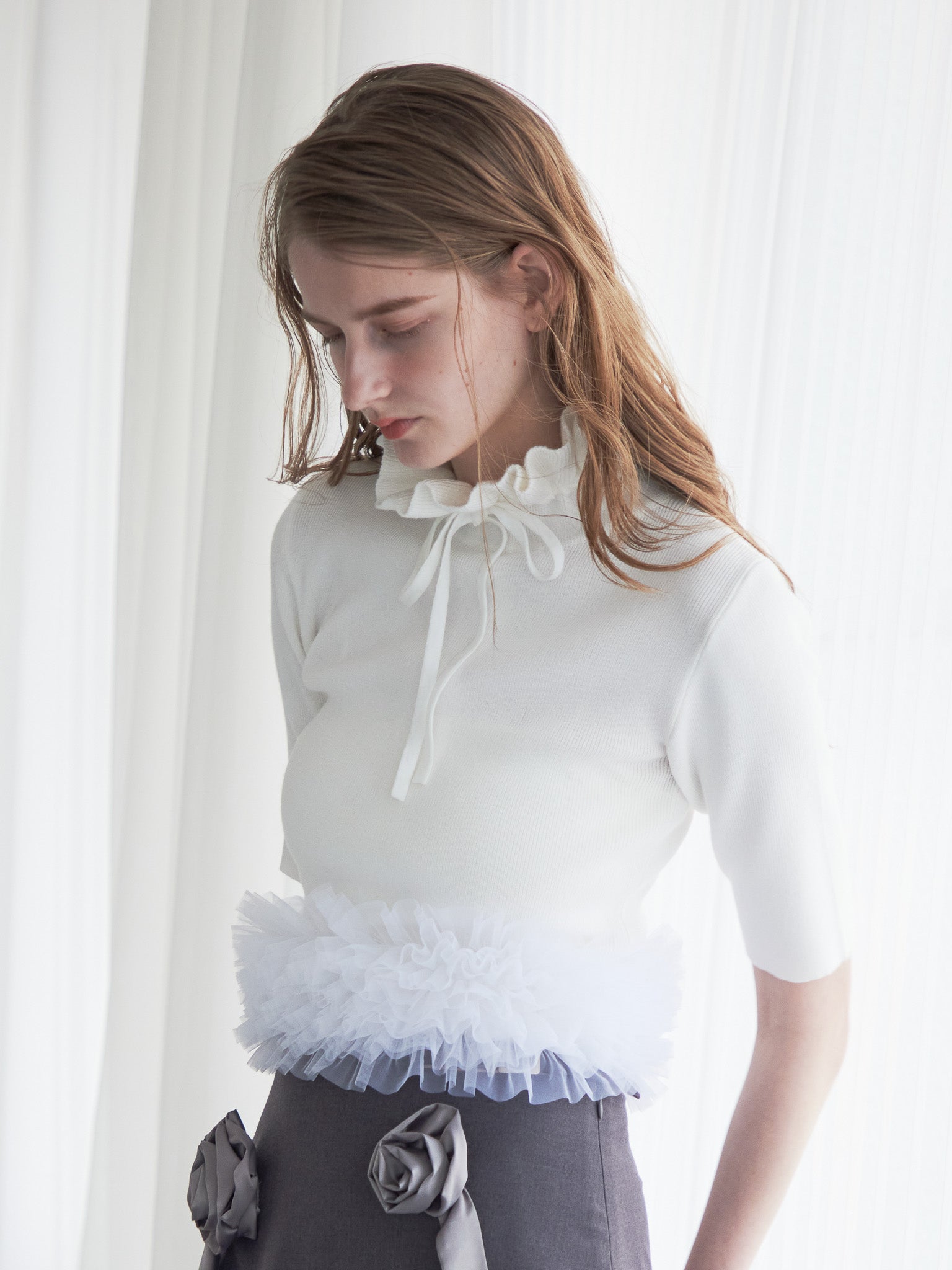 Hem tulle rib knit ホワイト size:M model:174cm LERA