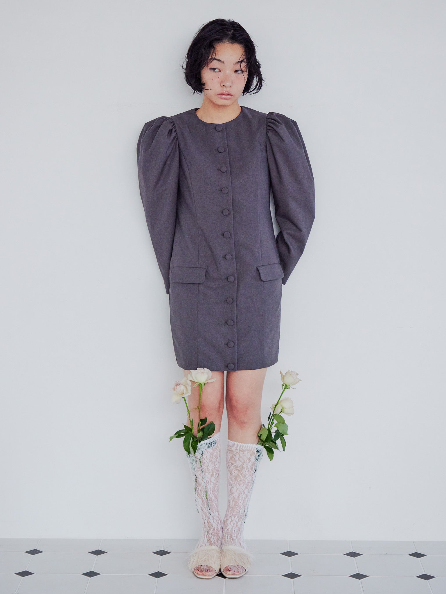 Volume sleeve mini dress グレー size:M model:161cm 富樫かなえ