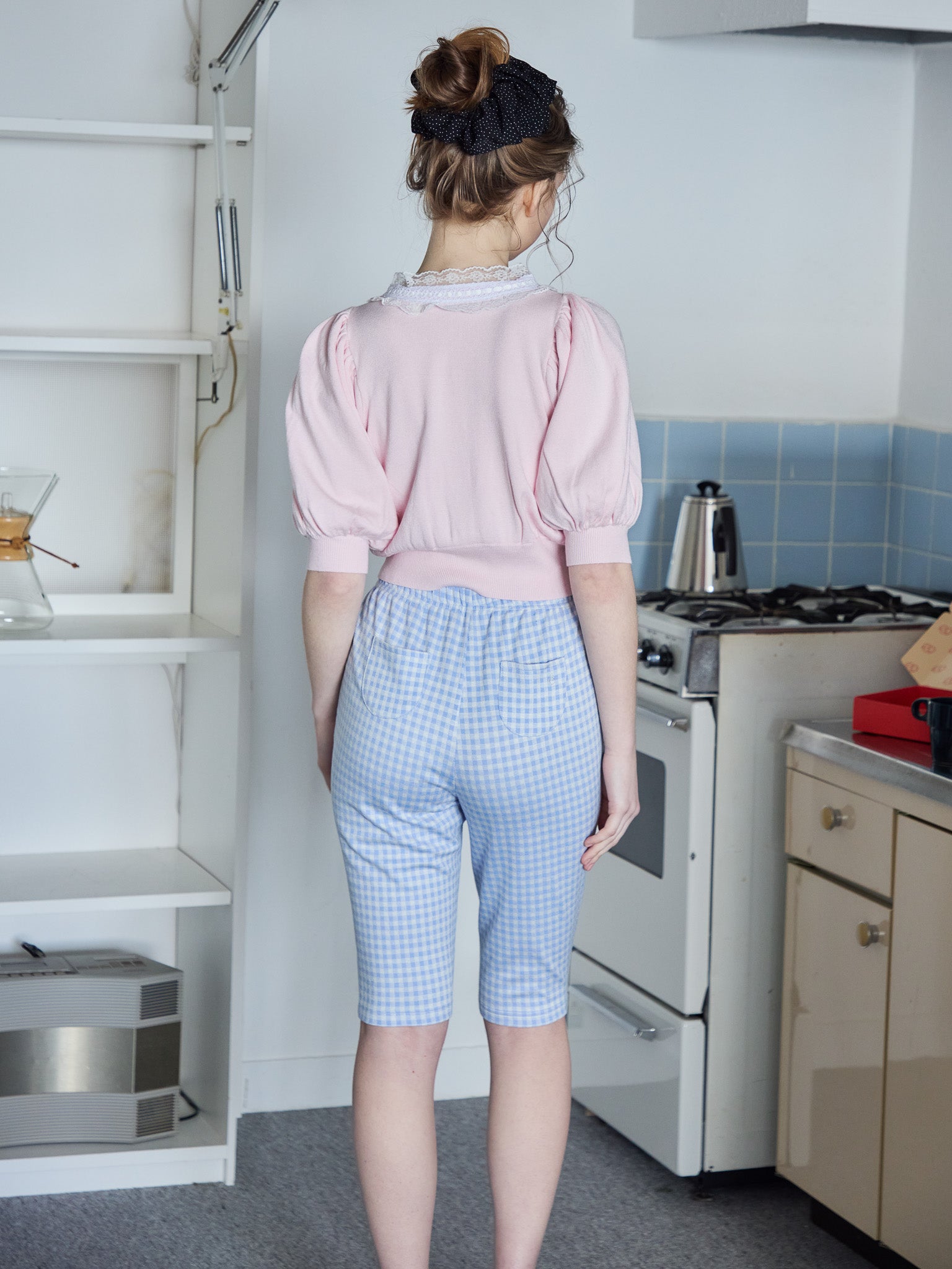 Gingham check sabrina stretch pants ブルー size:M model:171cm ANIUTA