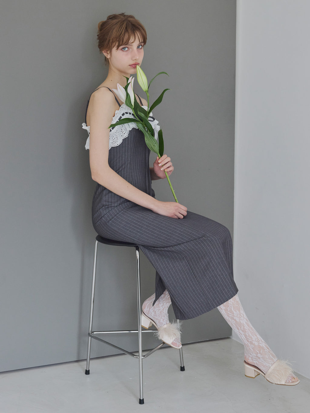 Lace ribbon stripe tight dress グレー size:M model:175cm MARTA