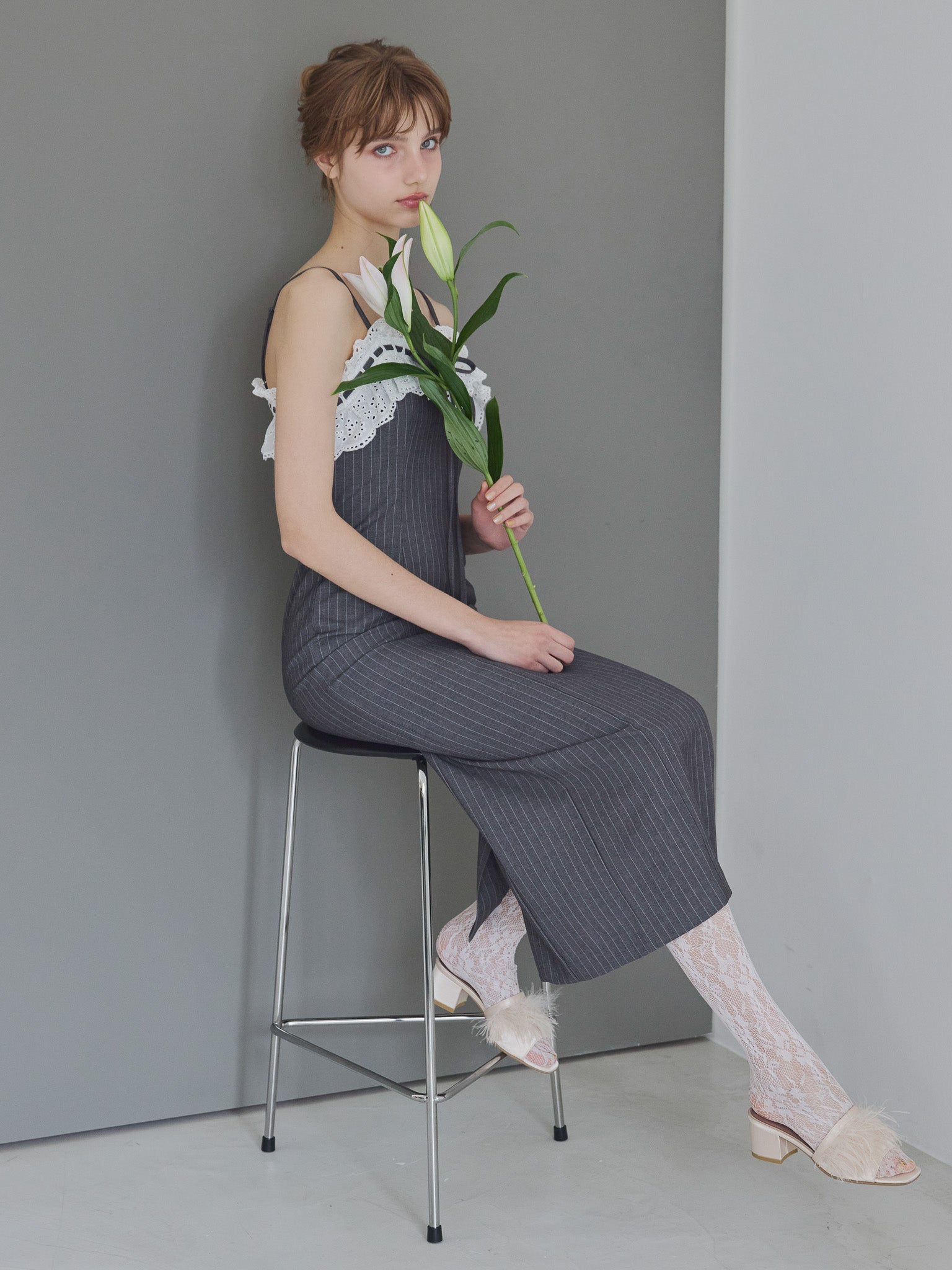 Lace ribbon stripe tight dress グレー size:M model:175cm MARTA