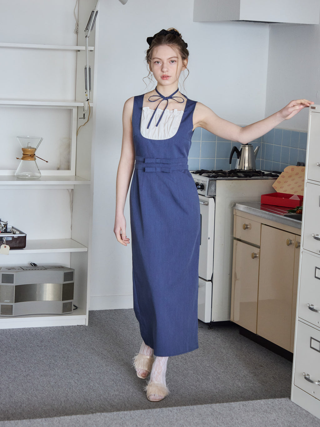 Ribbon waist dress ブルー size:M model:171cm ANIUTA