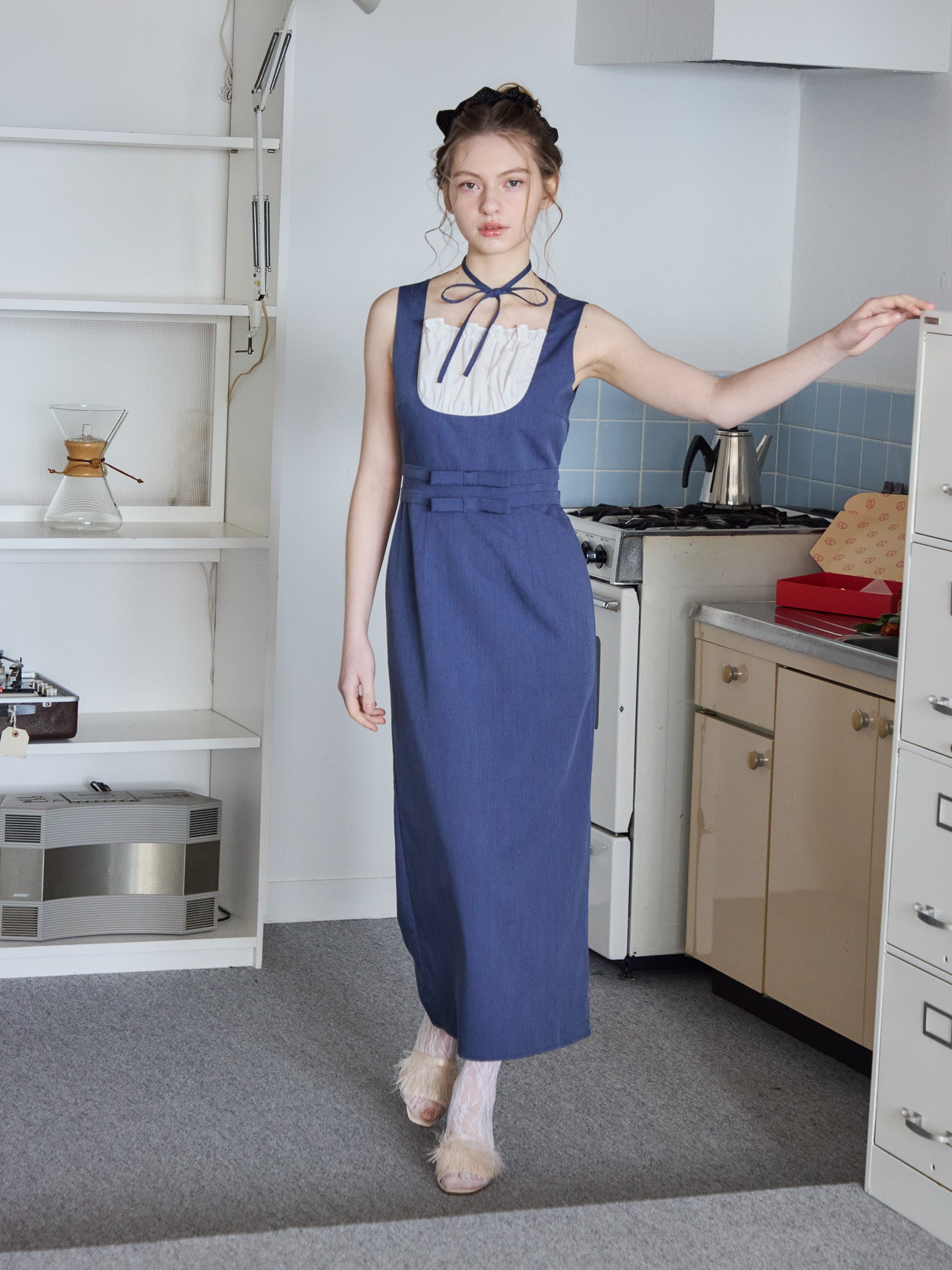 Ribbon waist dress ブルー size:M model:171cm ANIUTA