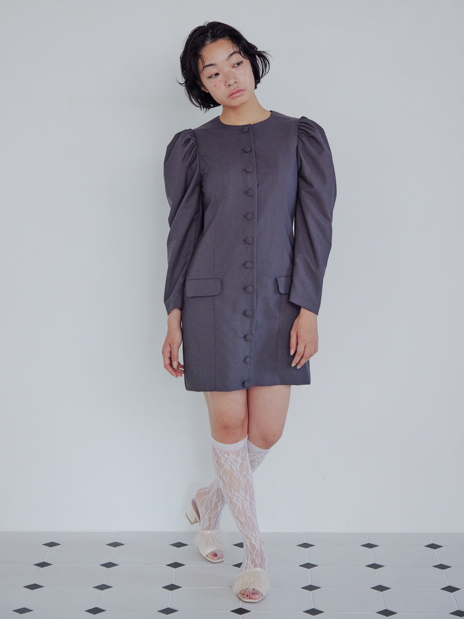 Volume sleeve mini dress グレー size:M model:161cm 富樫かなえ