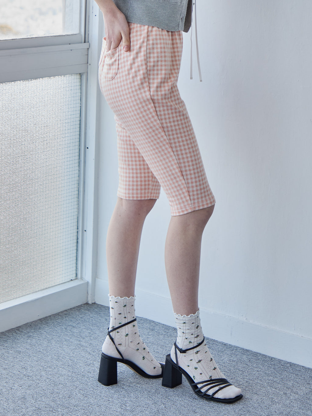 Gingham check sabrina stretch pants ピンク size:M model:171cm ANIUTA