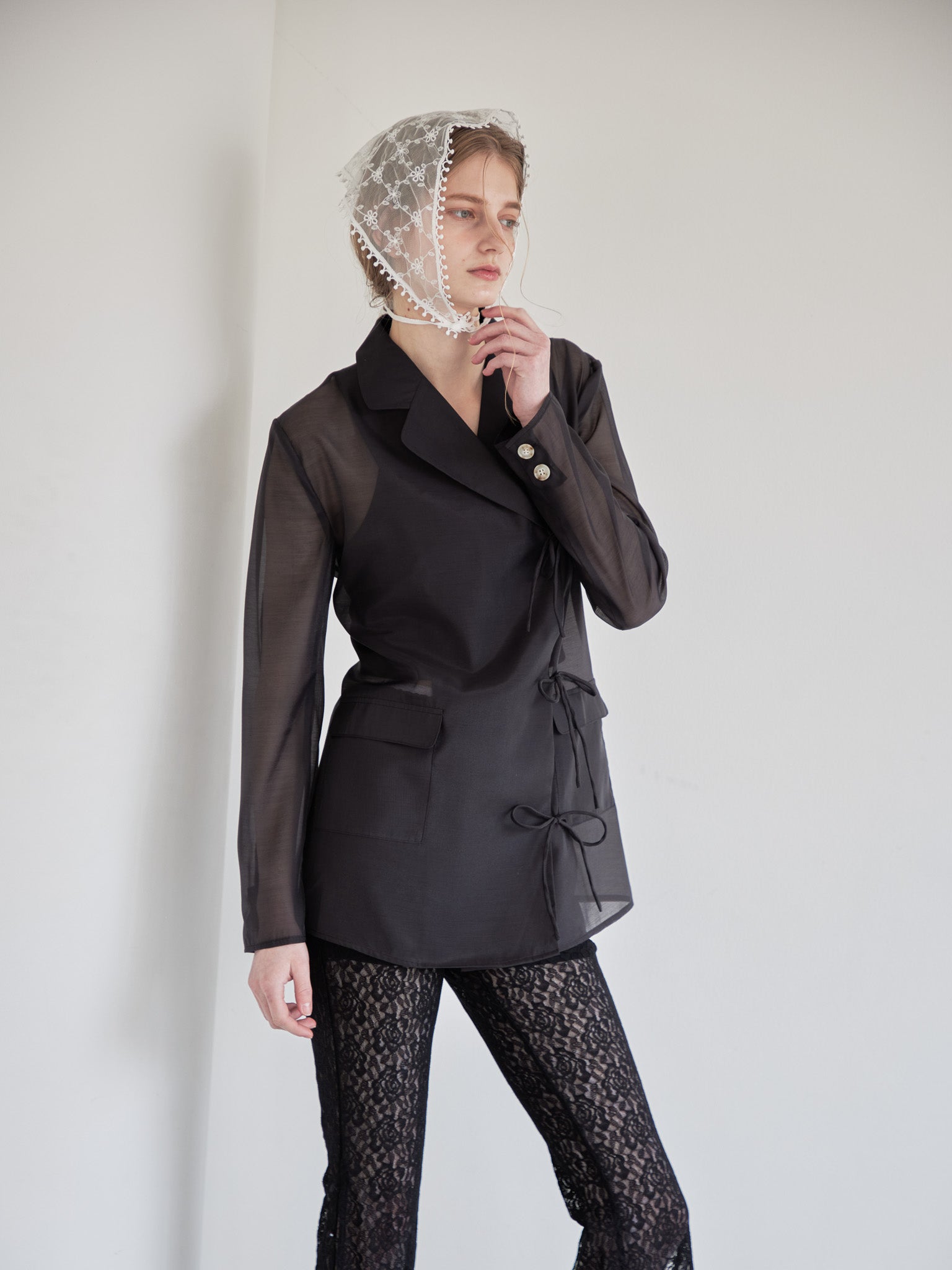 Ribbon sheer jacket ブラック size:M model:174cm LERA