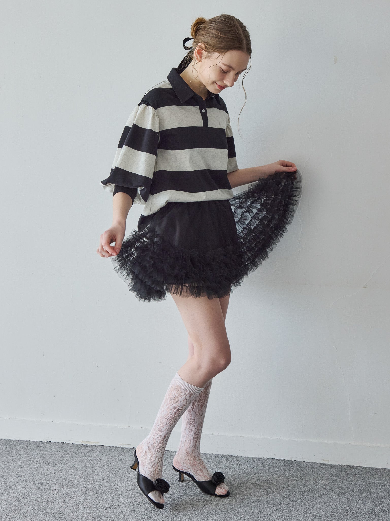 Rugby shirt and frill pants skirt ブラック size:M model:171cm ANIUTA