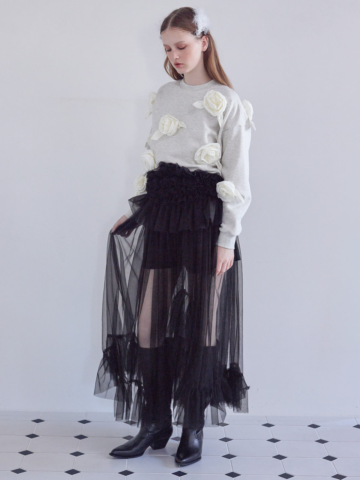 Frill tulle skirt & shorts set ブラック size:M model:173cm ALINA