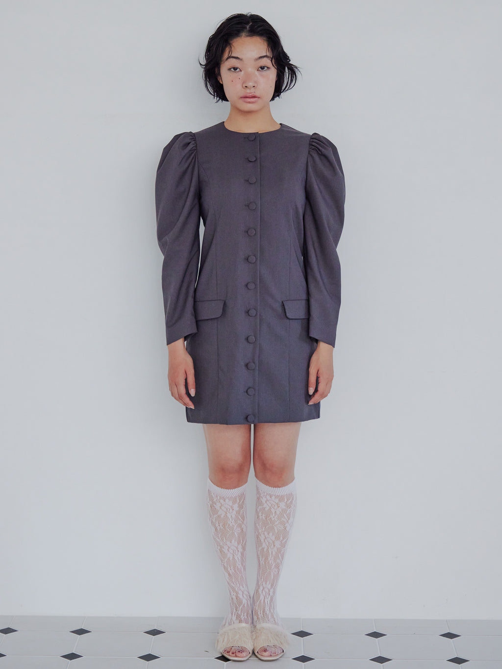 Volume sleeve mini dress グレー size:M model:161cm 富樫かなえ