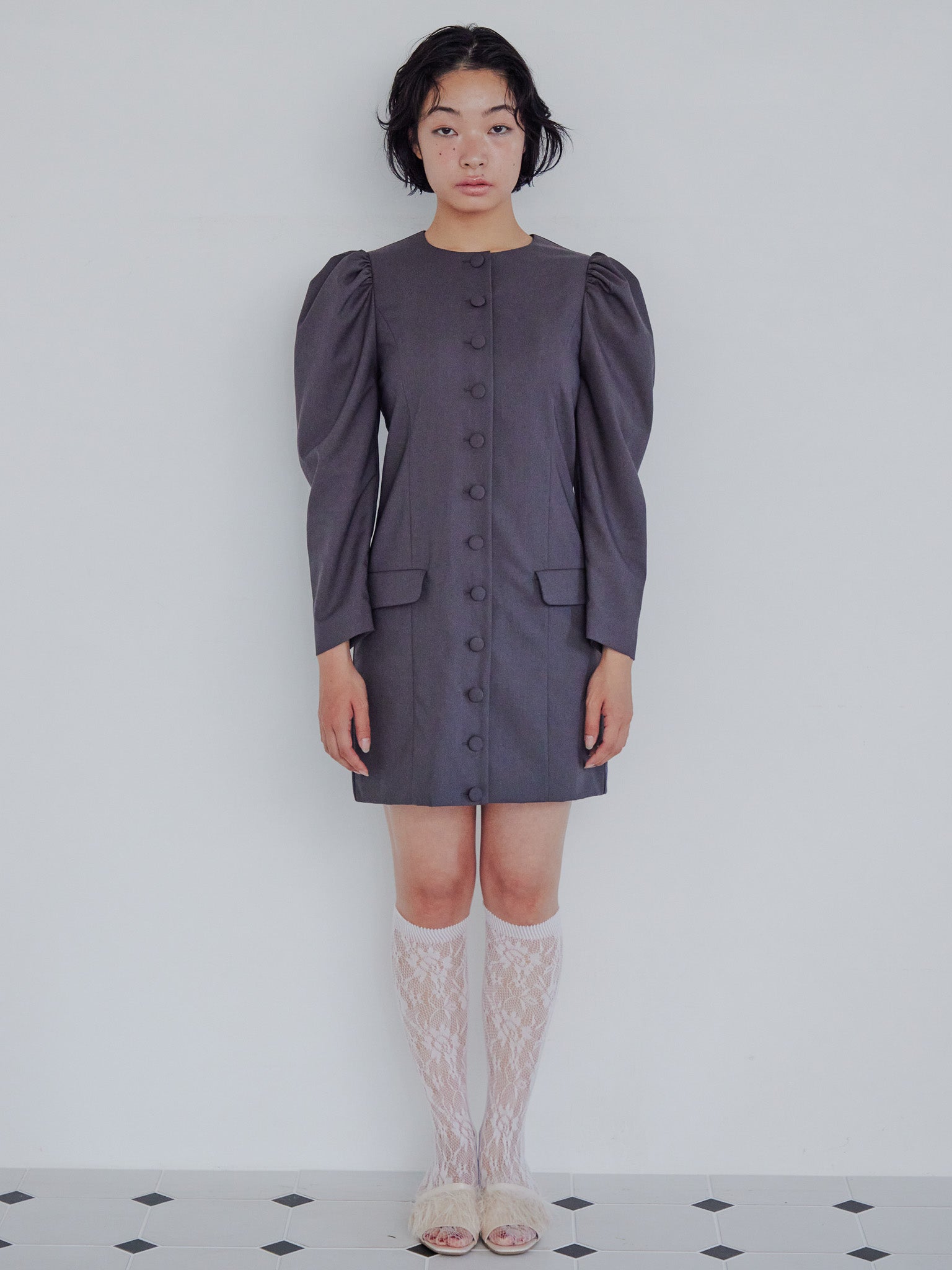 Volume sleeve mini dress グレー size:M model:161cm 富樫かなえ