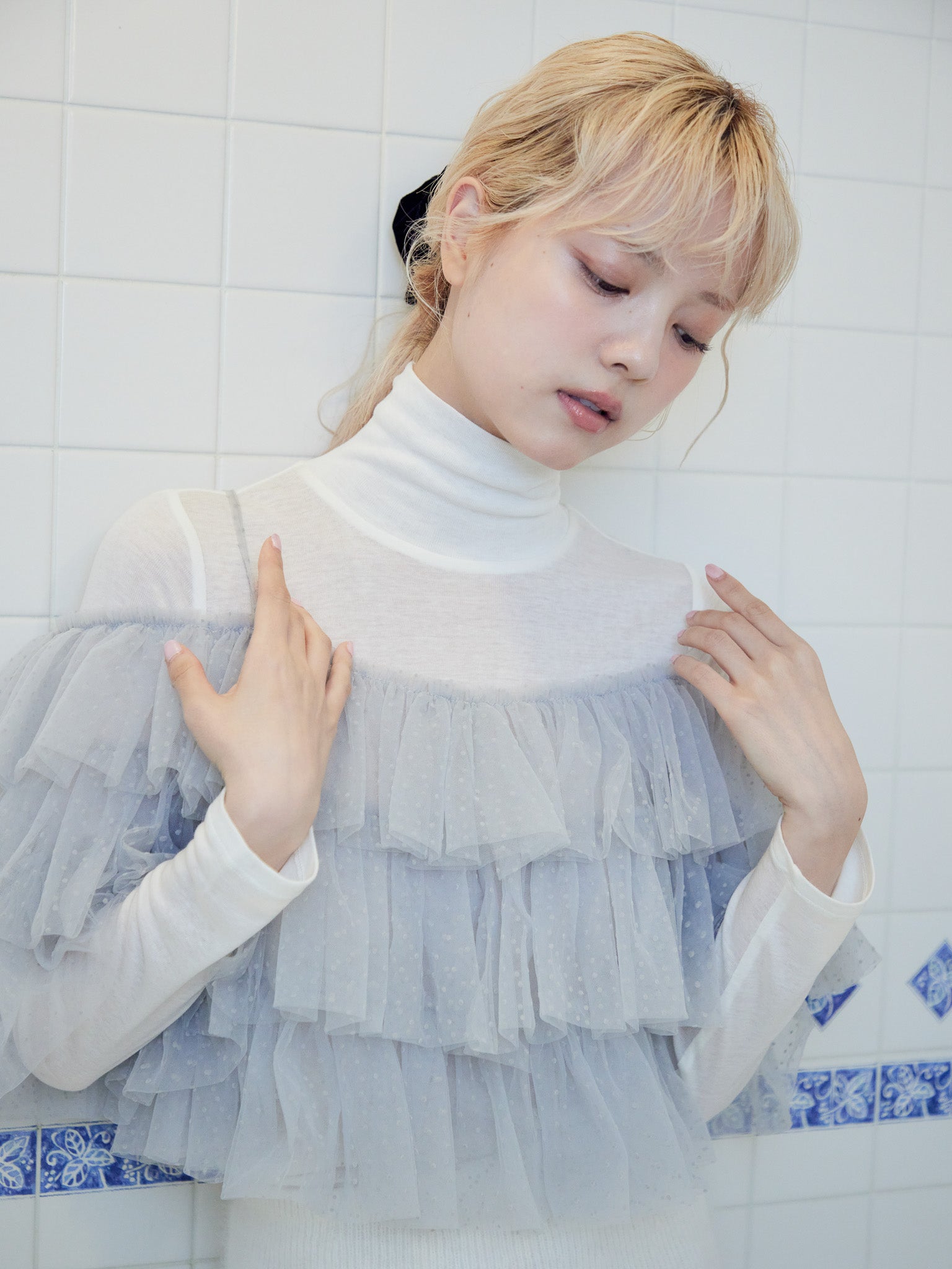 Dot tulle ruffle & knit top set ライトグレー size:M model:163cm MINAMI