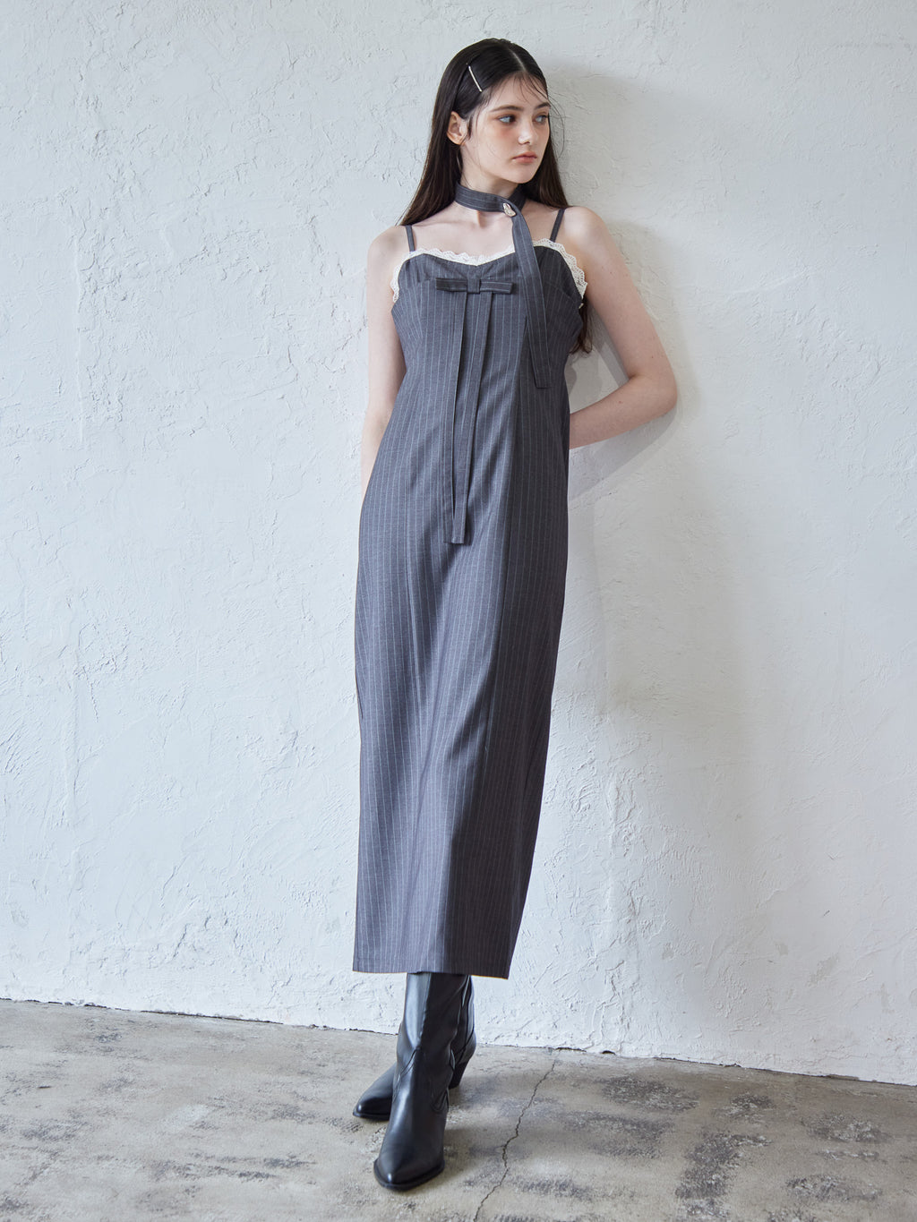 Stripe ribbon tight dress グレー size:M model:170cm ALICE