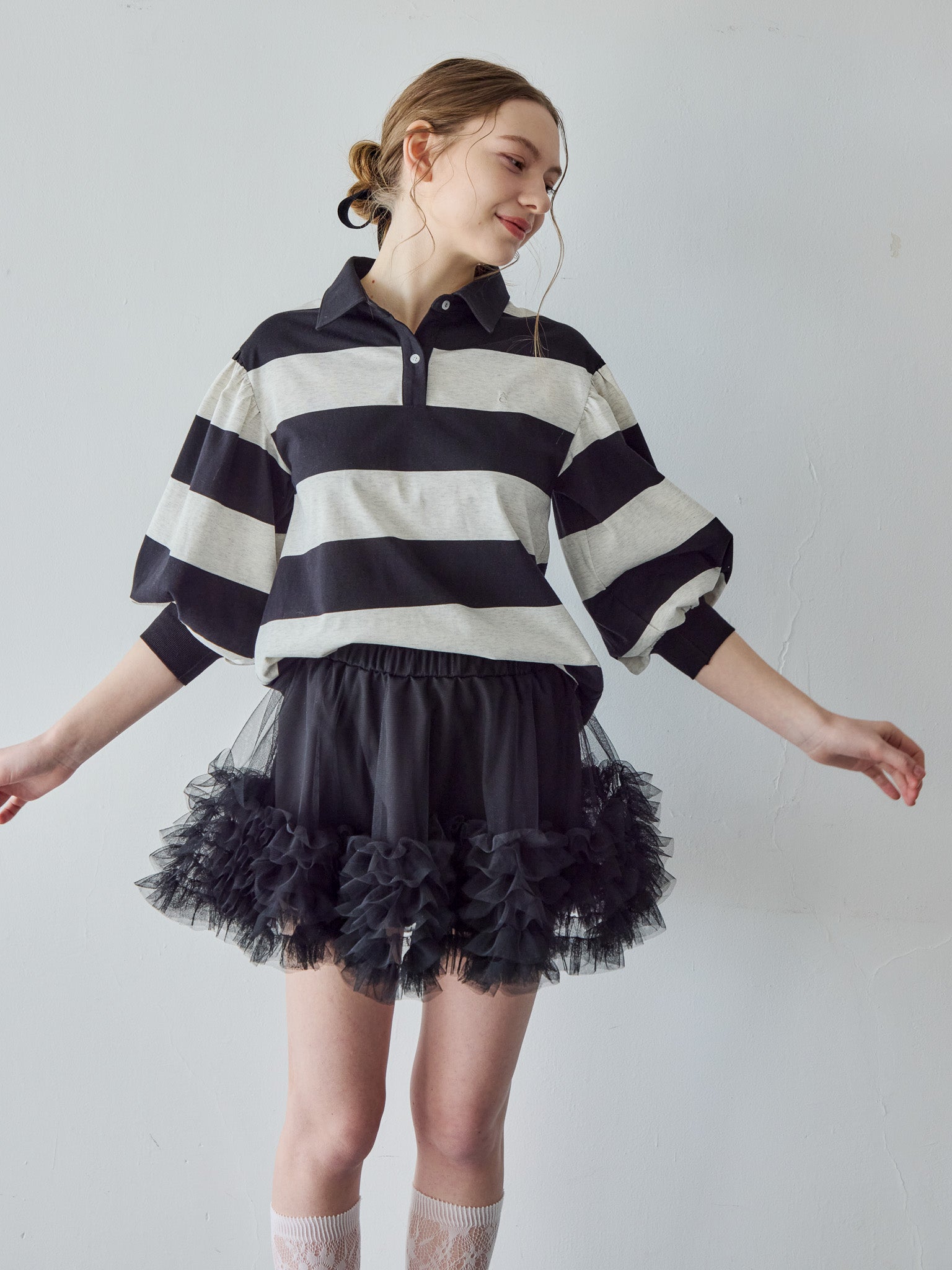 Rugby shirt and frill pants skirt ブラック size:M model:171cm ANIUTA
