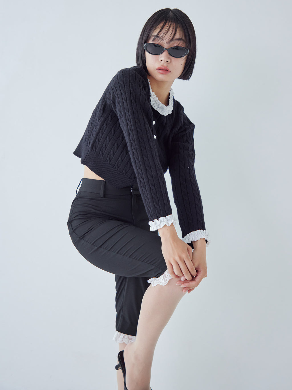 Frilly cable knit cardigan ブラック size:M model:161cm 富樫かなえ