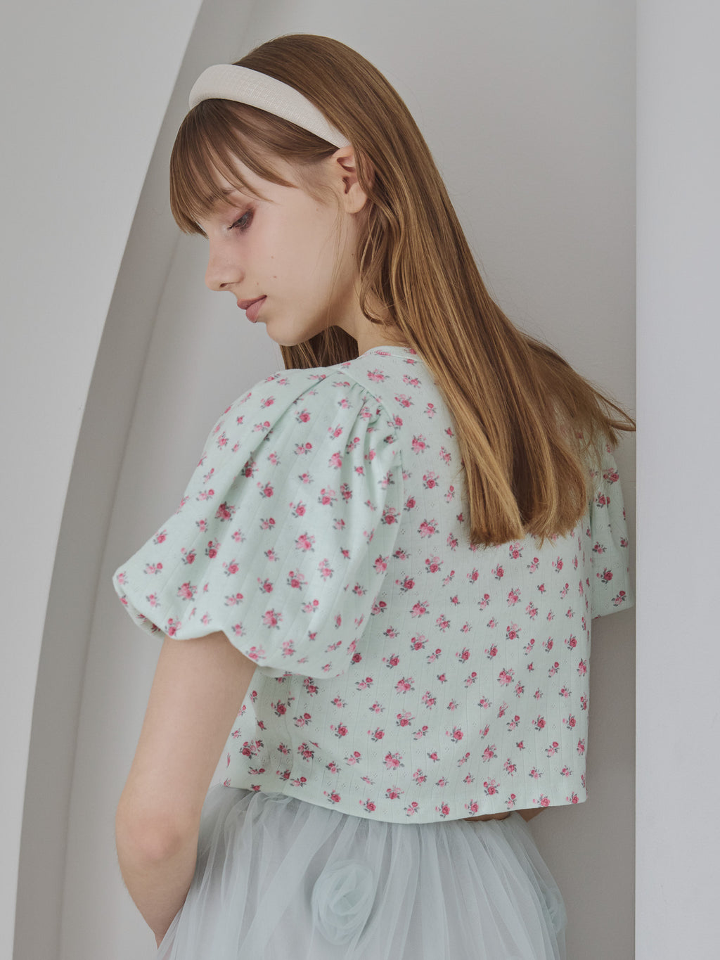 Tulle hem small floral print cardigan ミント size:M model:175cm MARTA