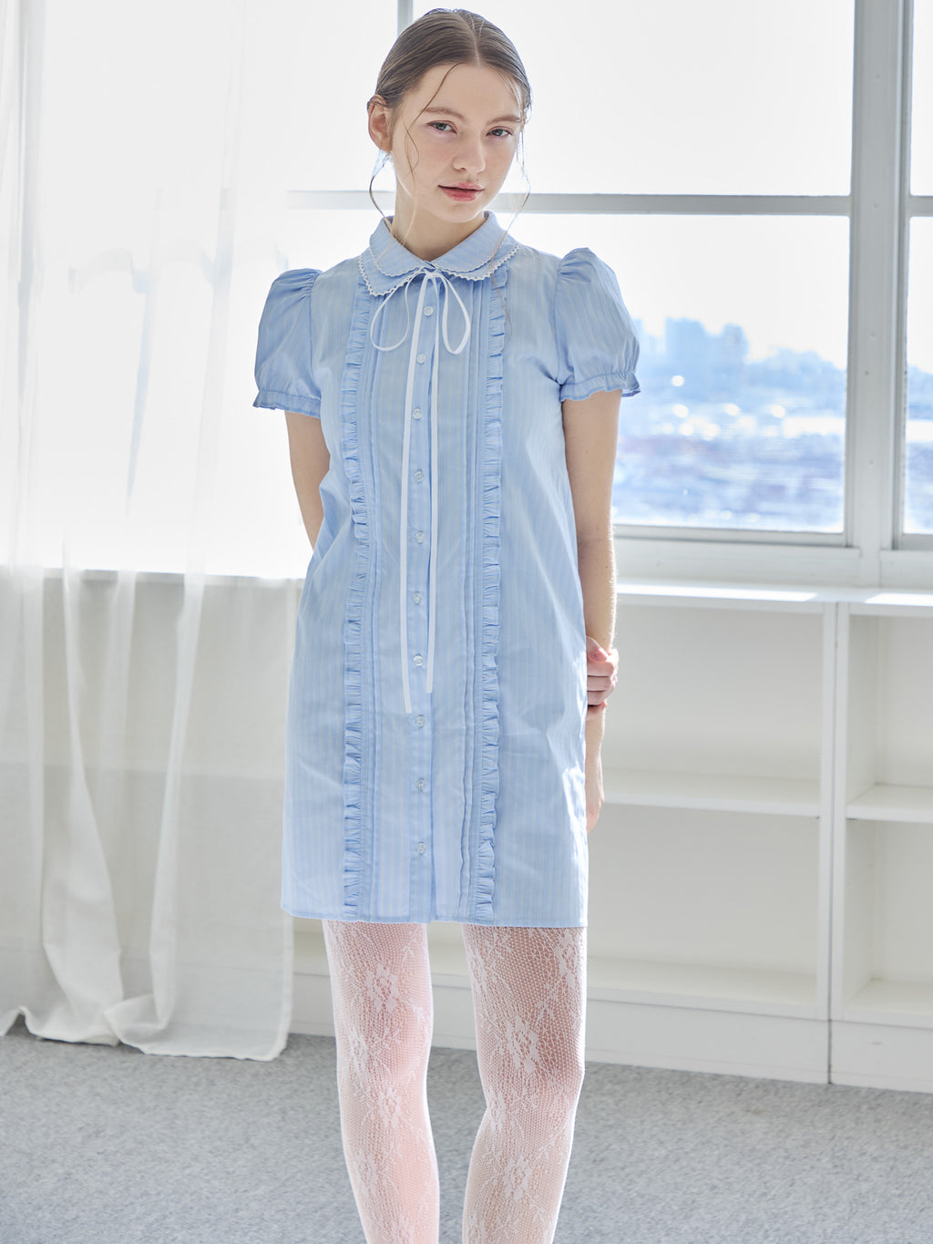 Pintuck mini shirt dress ブルー size:M model:171cm ANIUTA