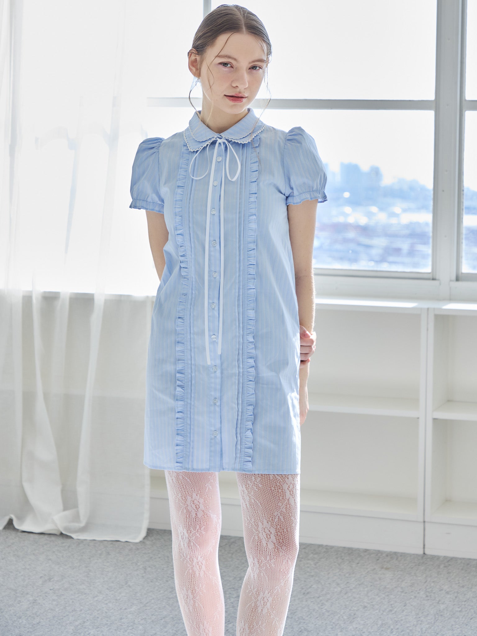 Pintuck mini shirt dress ブルー size:M model:171cm ANIUTA