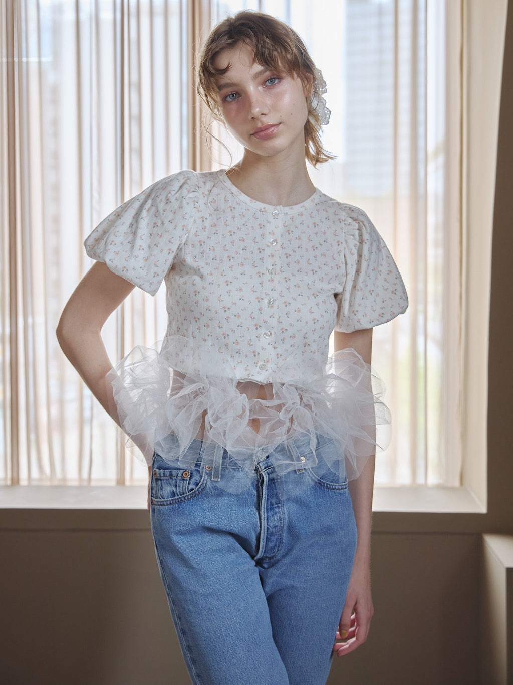 Tulle hem small floral print cardigan アイボリー size:M model:175cm MARTA