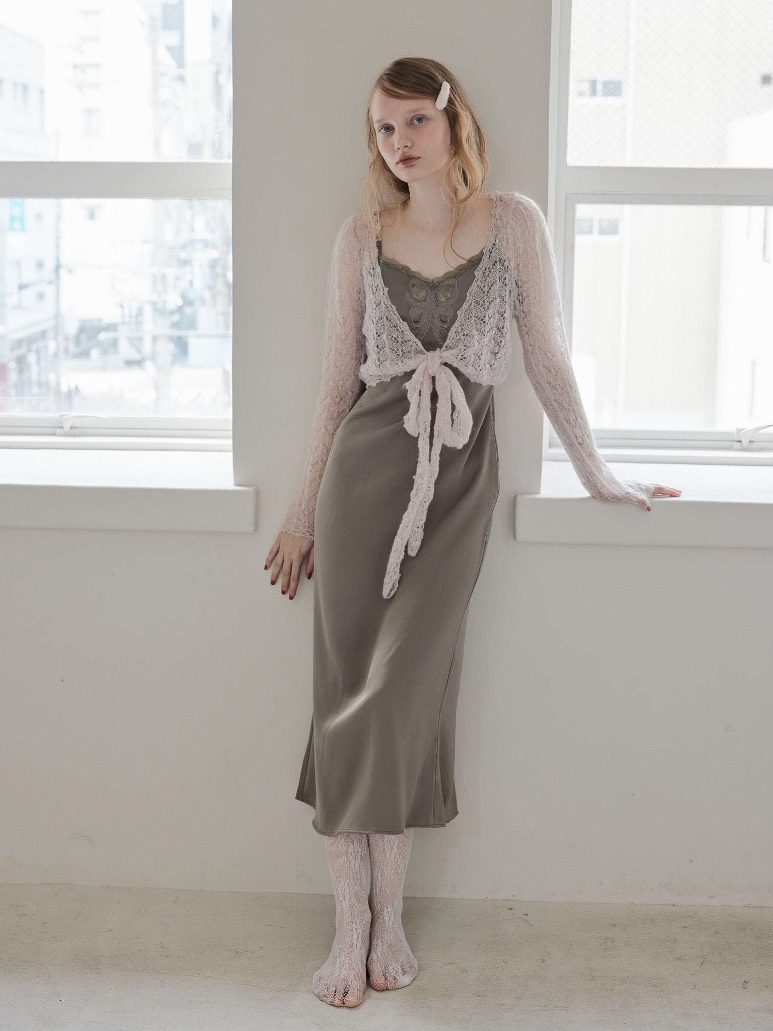 Mohair crochet ribbon cardigan ピンク size:M model:173cm DASHA.G