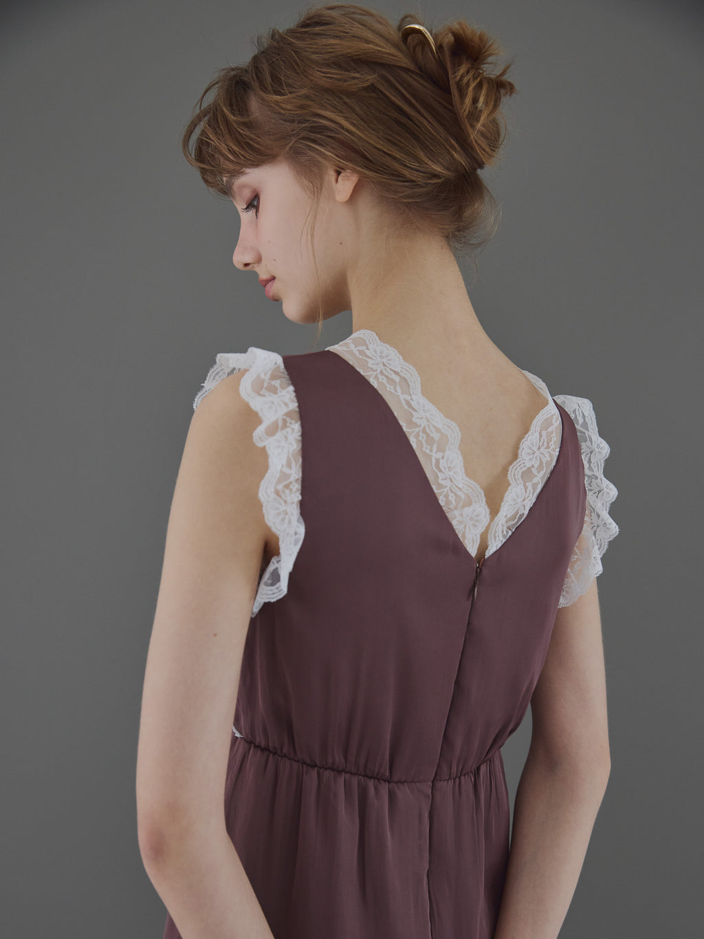 Lace trim satin ribbon dress モカ size:M model:175cm MARTA