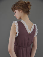 Lace trim satin ribbon dress モカ size:M model:175cm MARTA