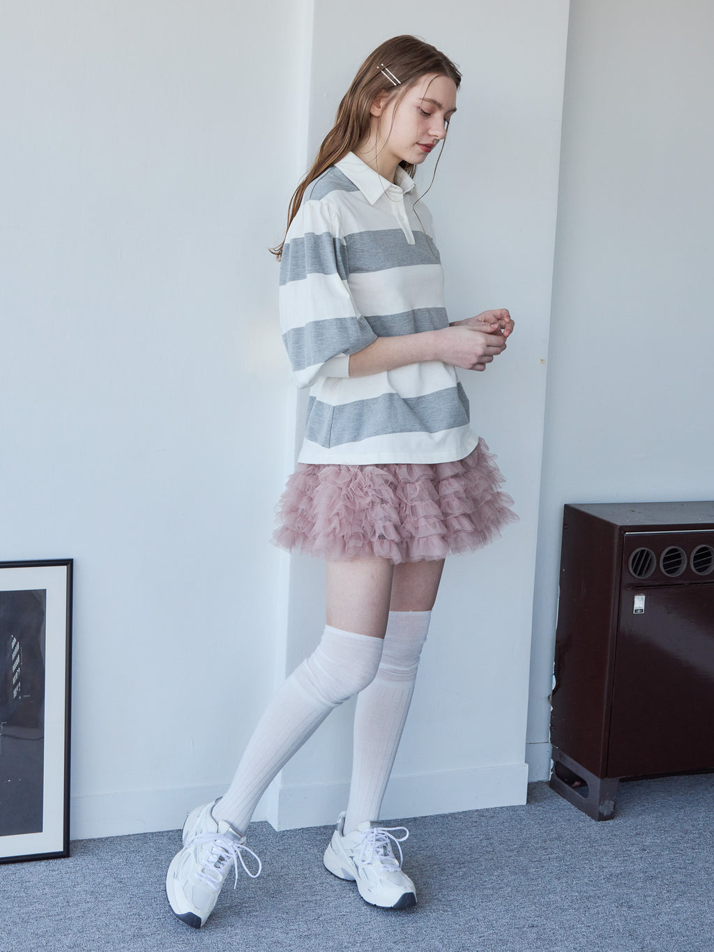Rugby shirt and frill pants skirt グレー size:M model:171cm ANIUTA