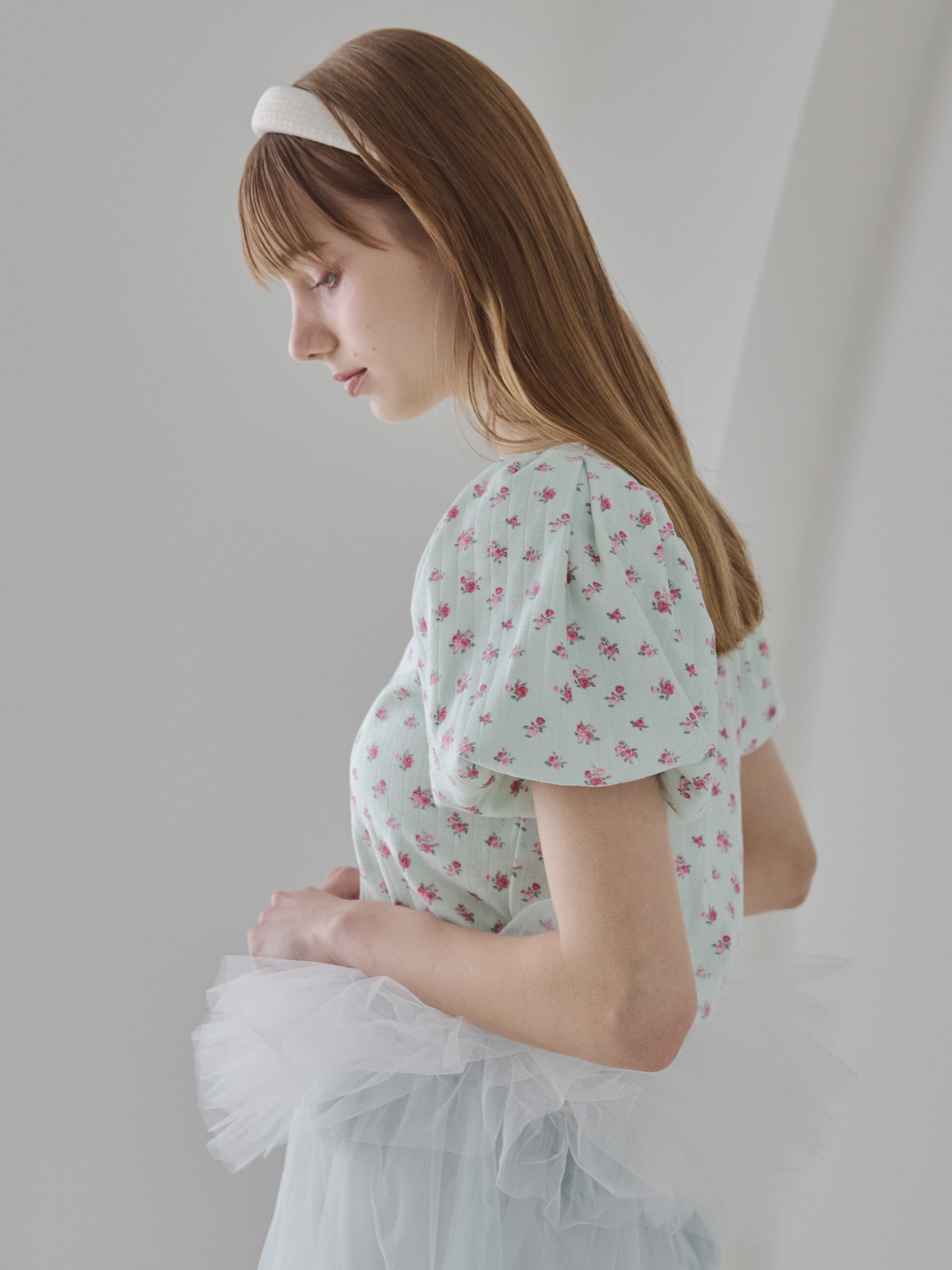 Tulle hem small floral print cardigan ミント size:M model:175cm MARTA