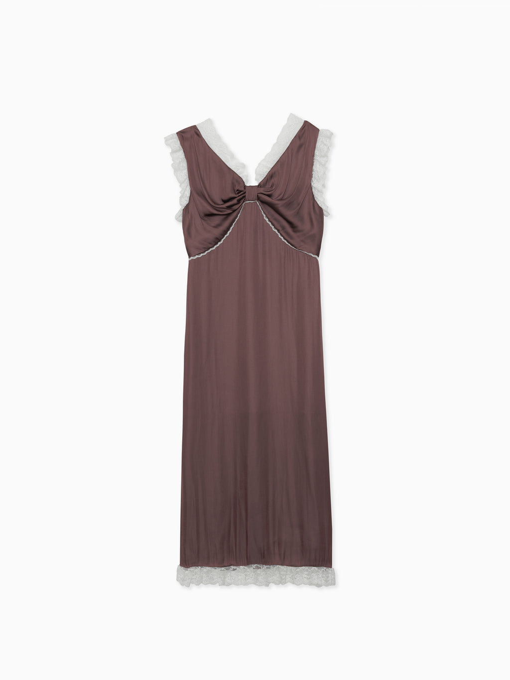 Lace trim satin ribbon dress モカ