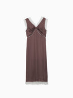 Lace trim satin ribbon dress モカ