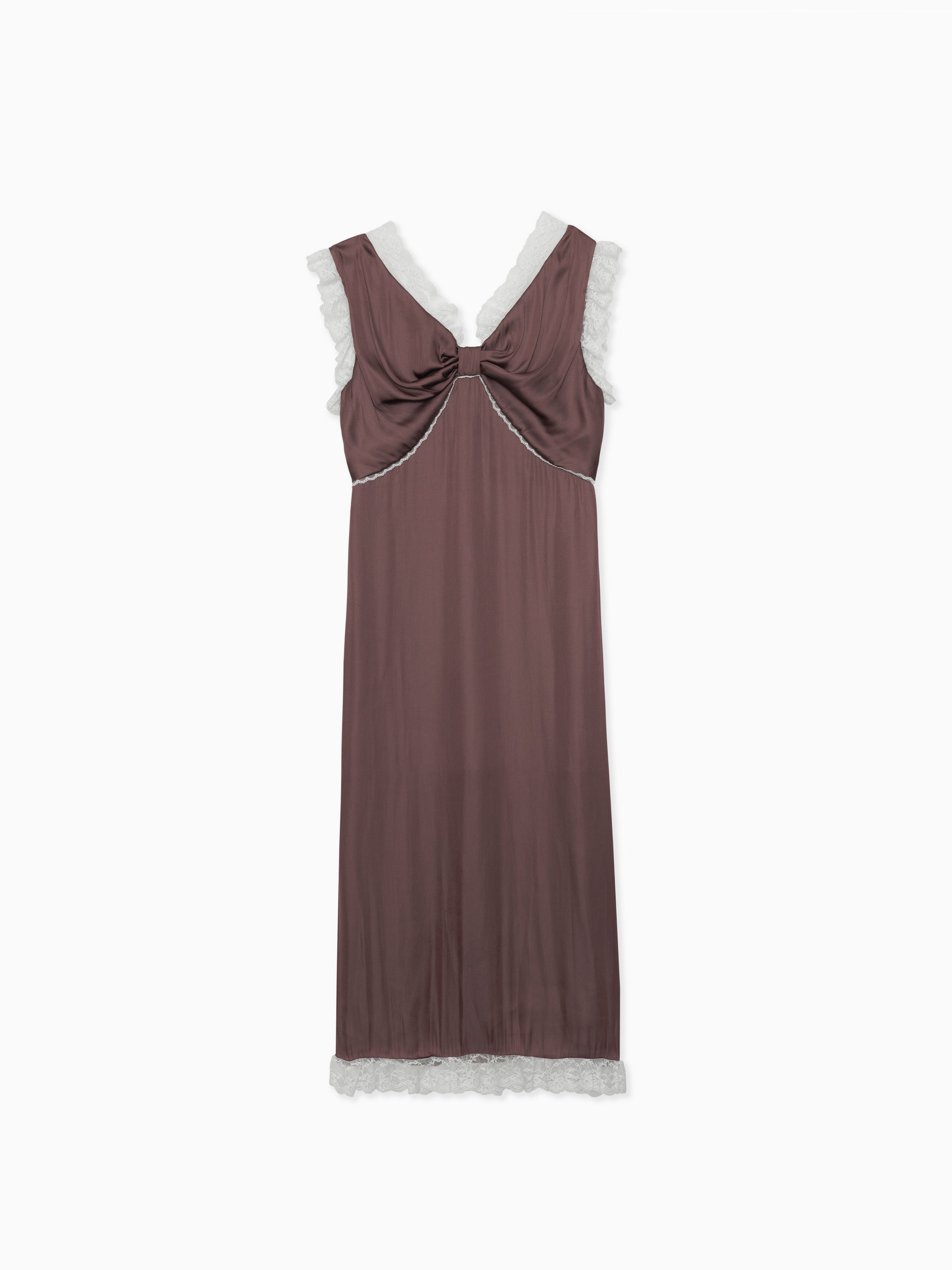 Lace trim satin ribbon dress モカ