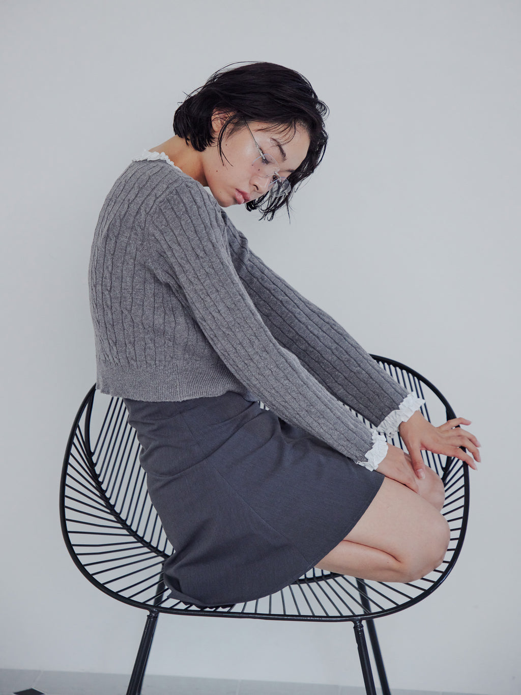 Frilly cable knit cardigan グレー size:M model:161cm 富樫かなえ