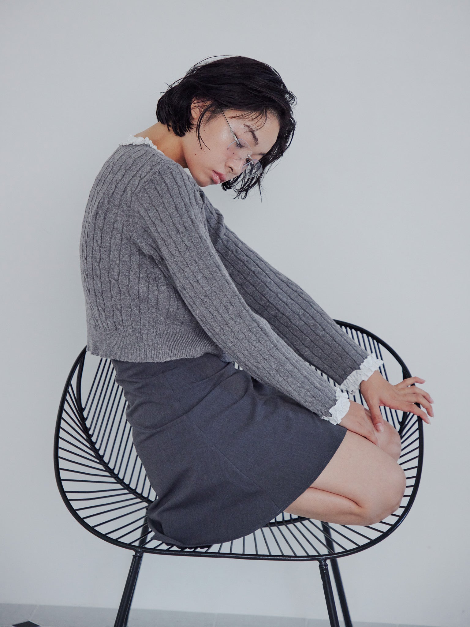 Frilly cable knit cardigan グレー size:M model:161cm 富樫かなえ