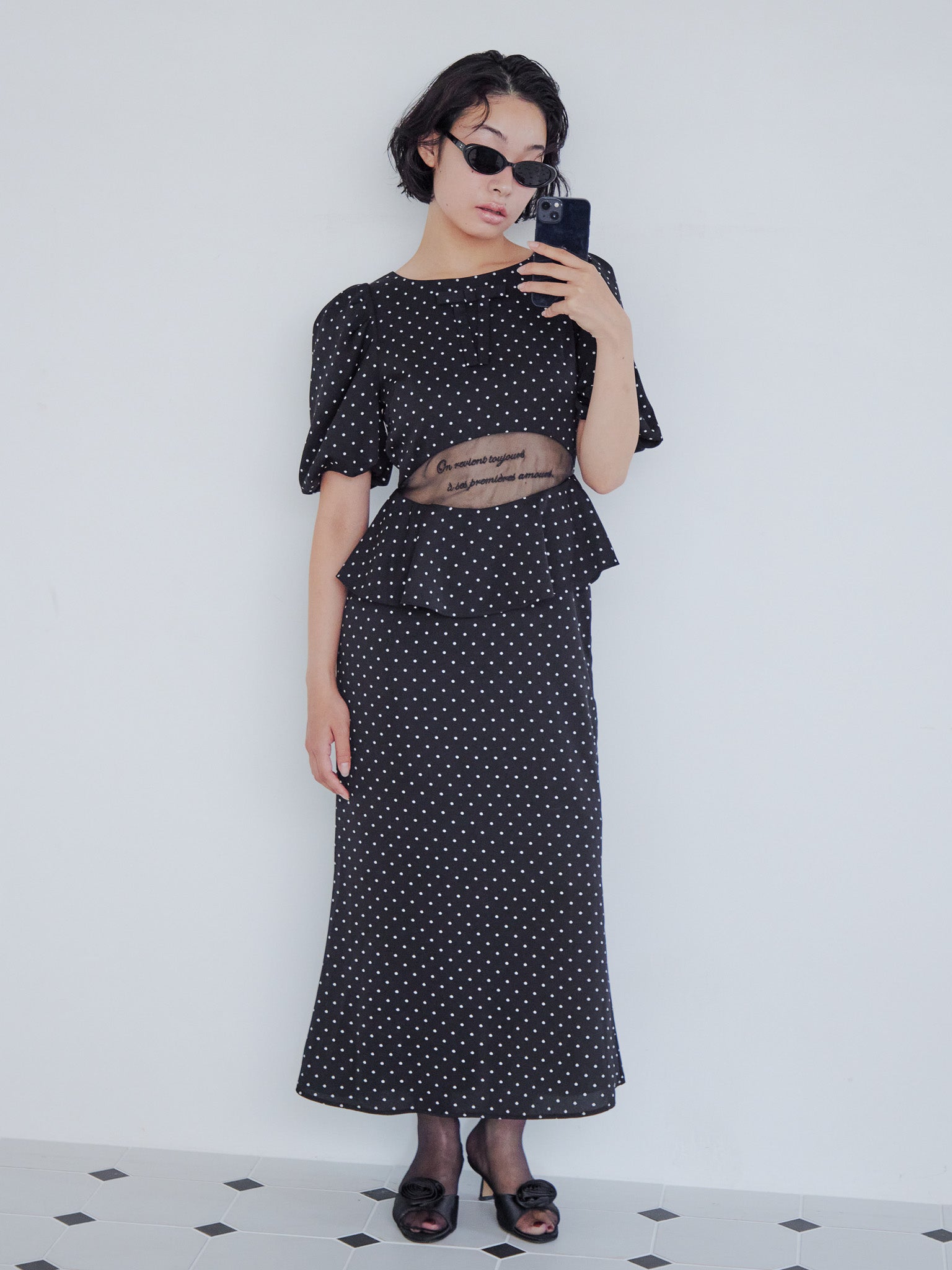 Sheer embroidered puff sleeve dress ドット size:M model:161cm 富樫かなえ