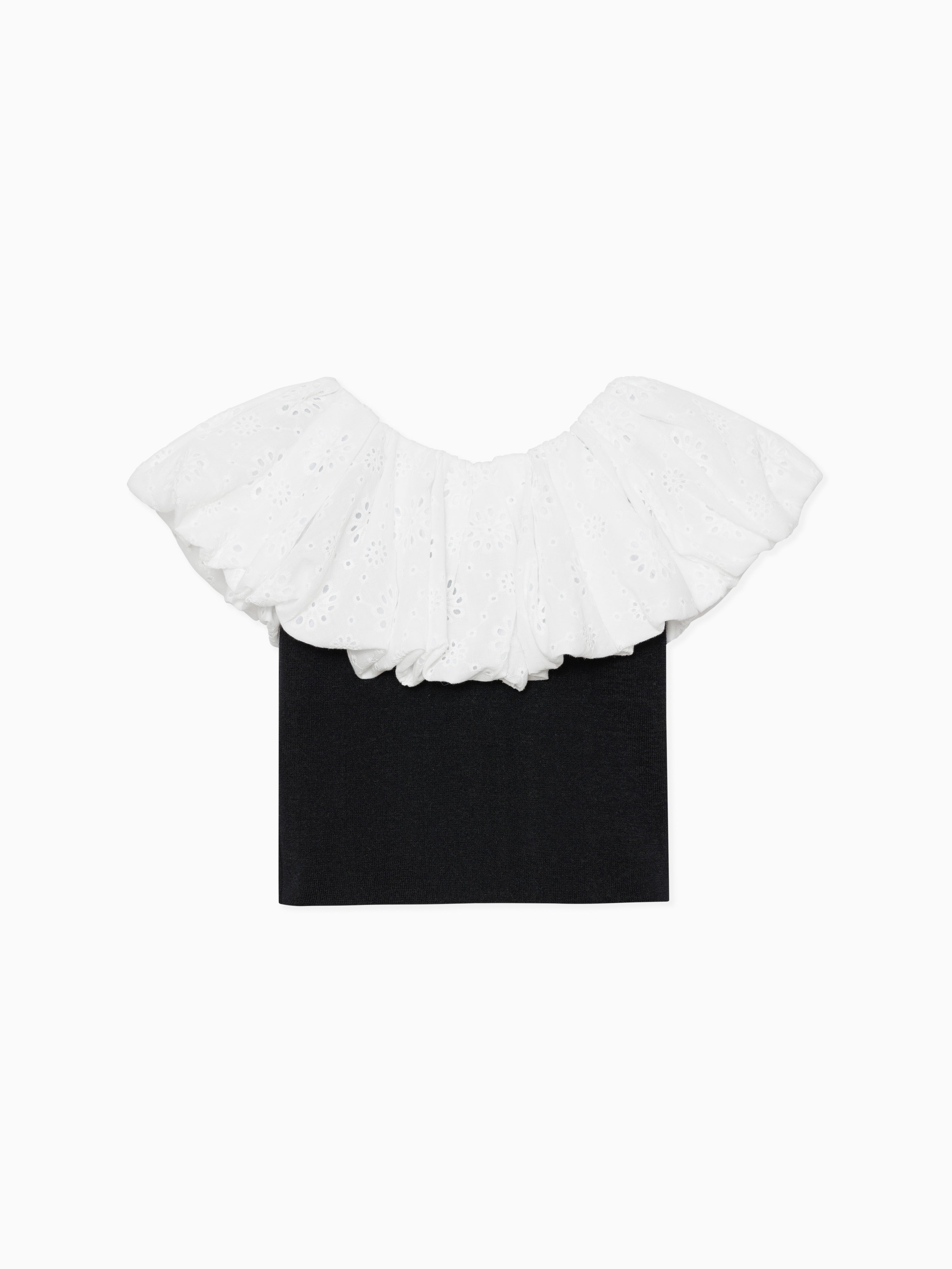 Embroidered balloon collar knit top ブラック×ホワイト