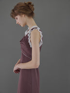 Lace trim satin ribbon dress モカ size:M model:175cm MARTA