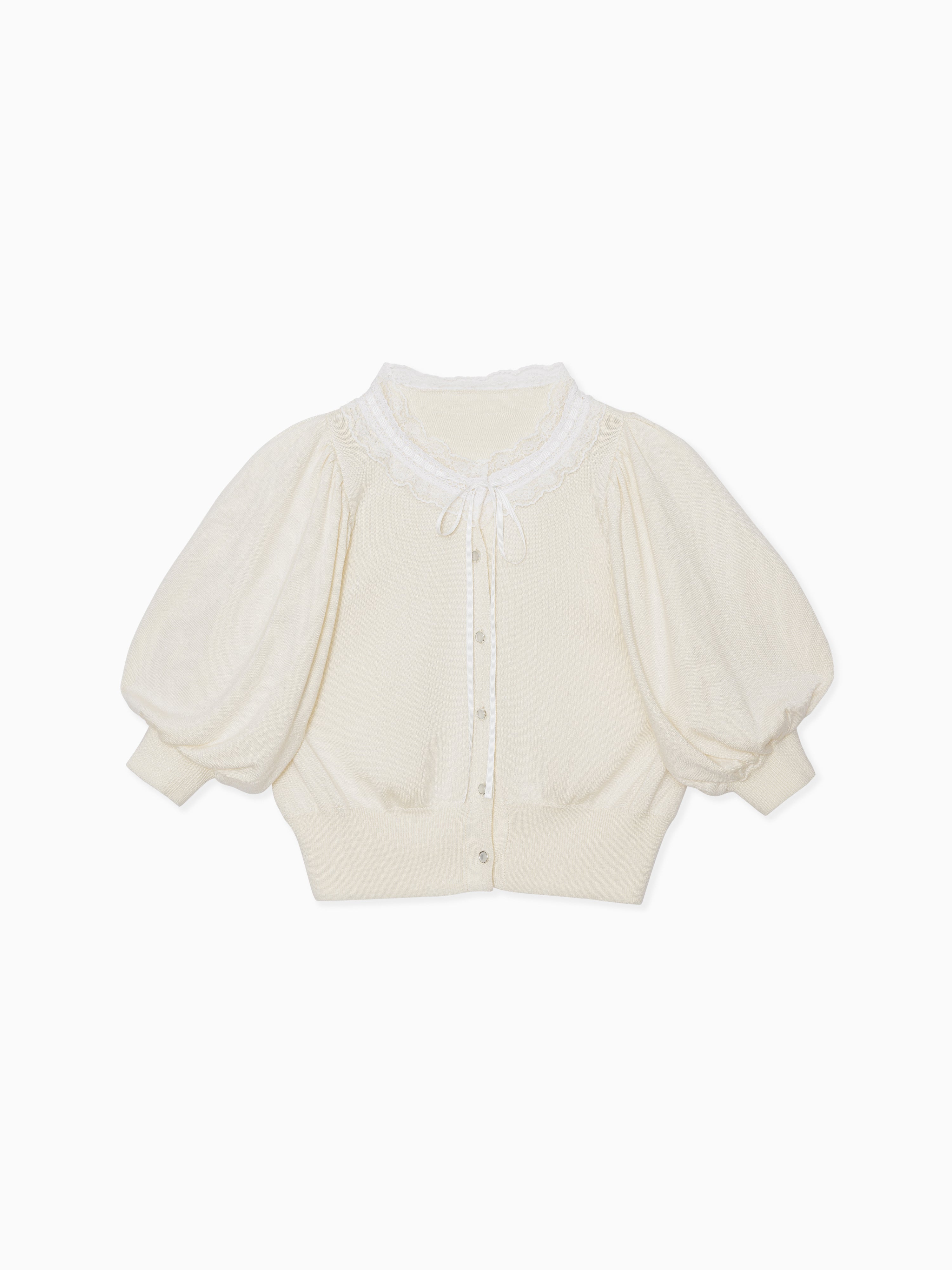 Lace collar puff sleeve cardigan クリーム