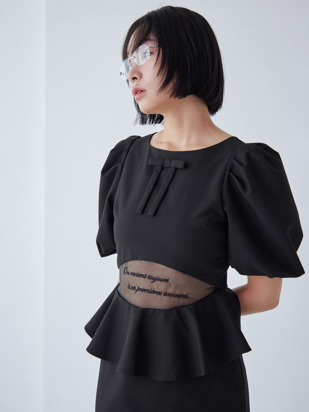 Sheer embroidered puff sleeve dress ブラック size:M model:161cm 富樫かなえ