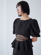 Sheer embroidered puff sleeve dress ブラック size:M model:161cm 富樫かなえ