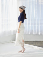 Ribbon embroidered lace tight skirt ホワイト