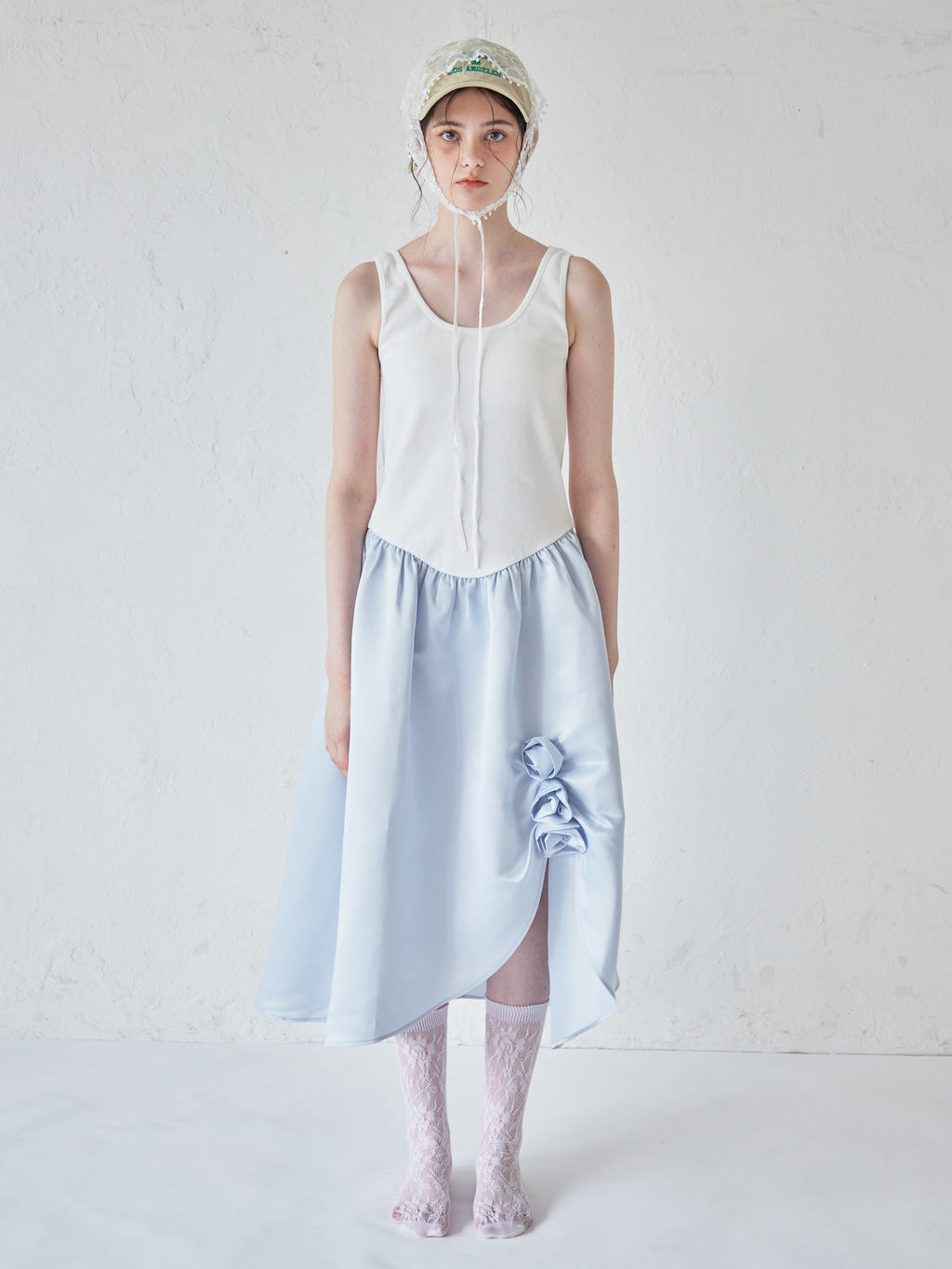 Rose satin docking rib dress ブルー size:M model:170cm ALICE