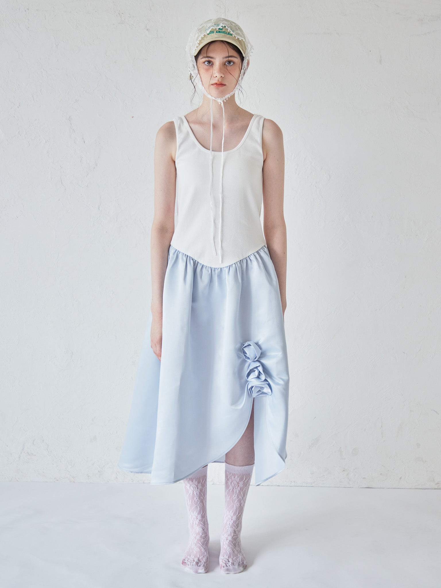 Rose satin docking rib dress ブルー size:M model:170cm ALICE