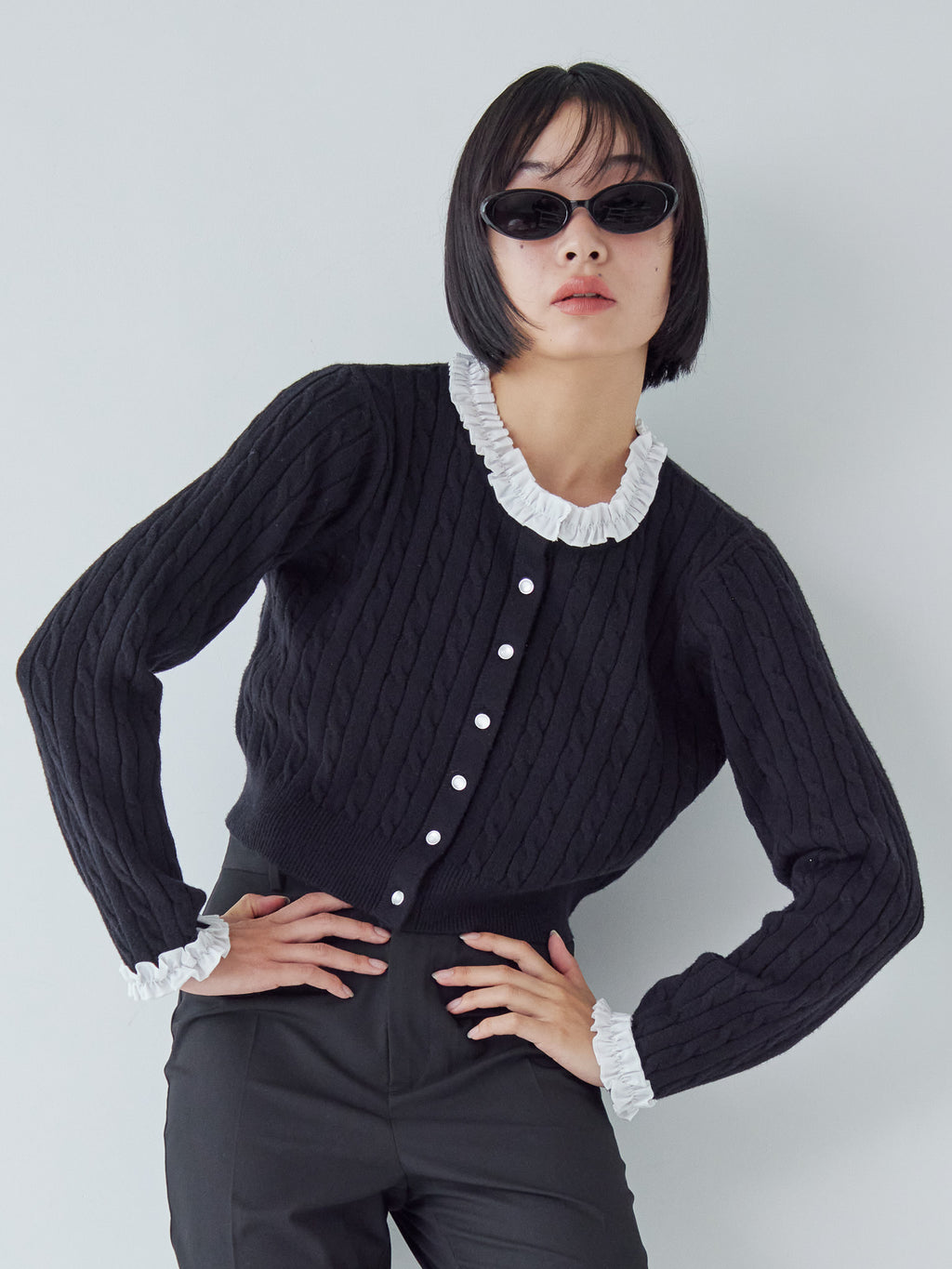 Frilly cable knit cardigan ブラック size:M model:161cm 富樫かなえ