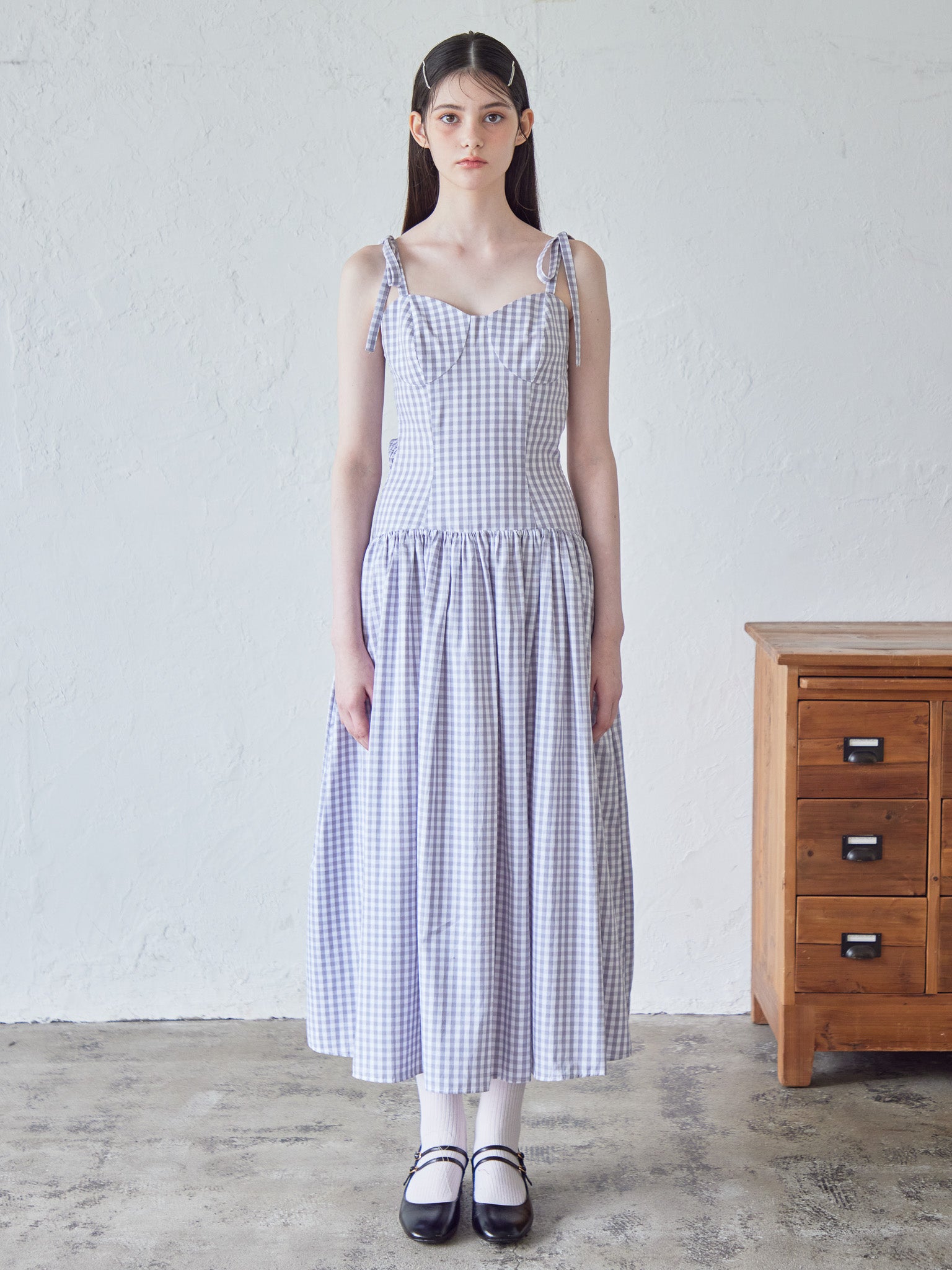 Gingham check back open dress ライトグレー size:M model:170cm ALICE