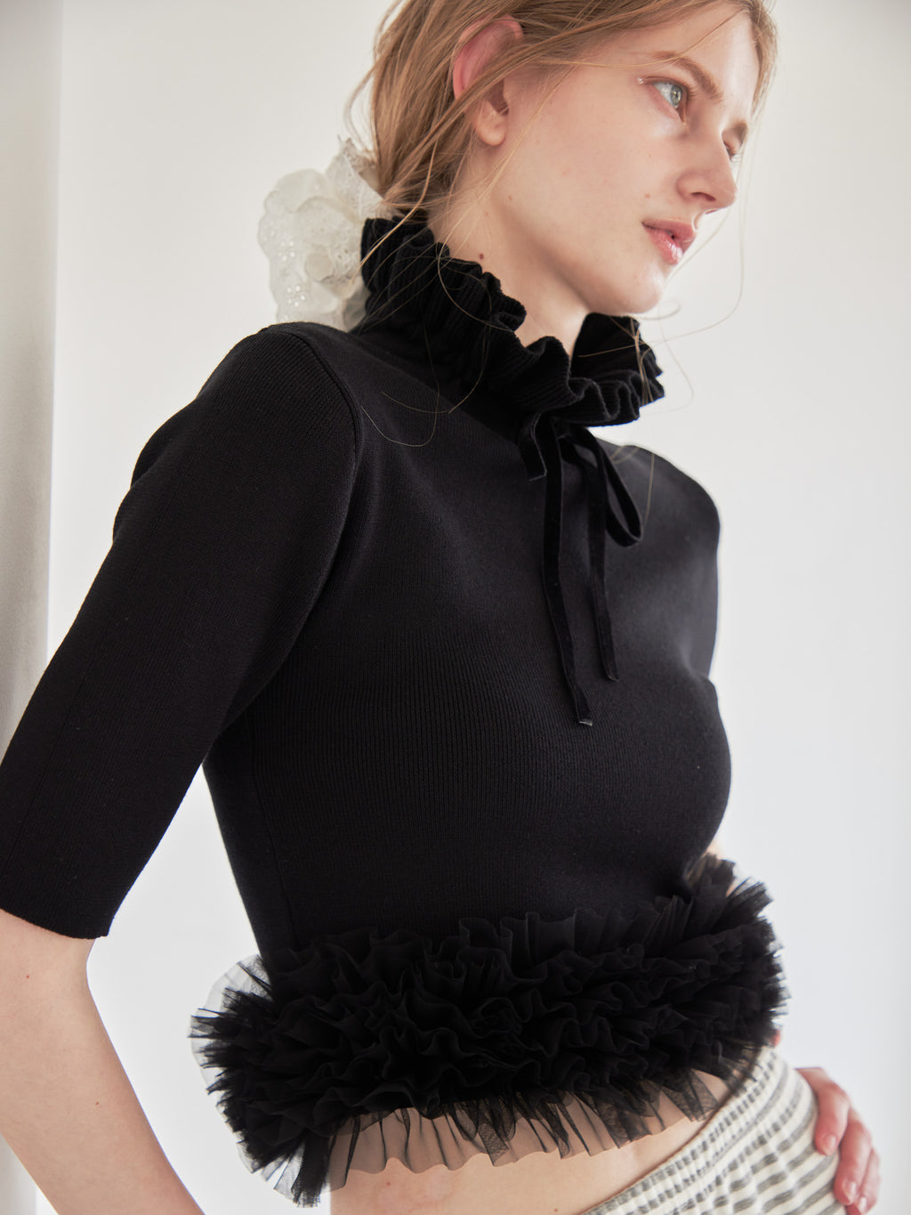 Hem tulle rib knit ブラック size:M model:174cm LERA