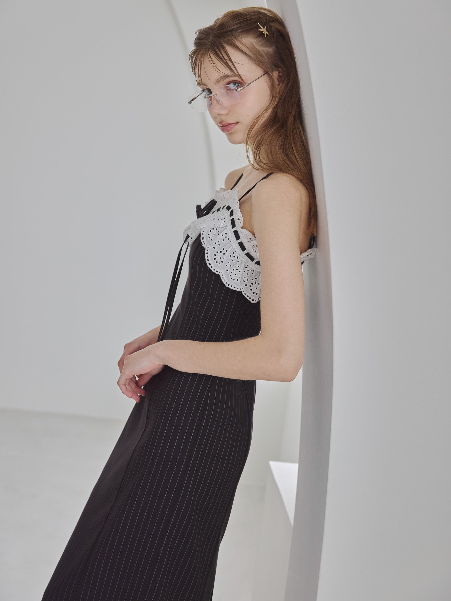Lace ribbon stripe tight dress ブラック size:M model:175cm MARTA