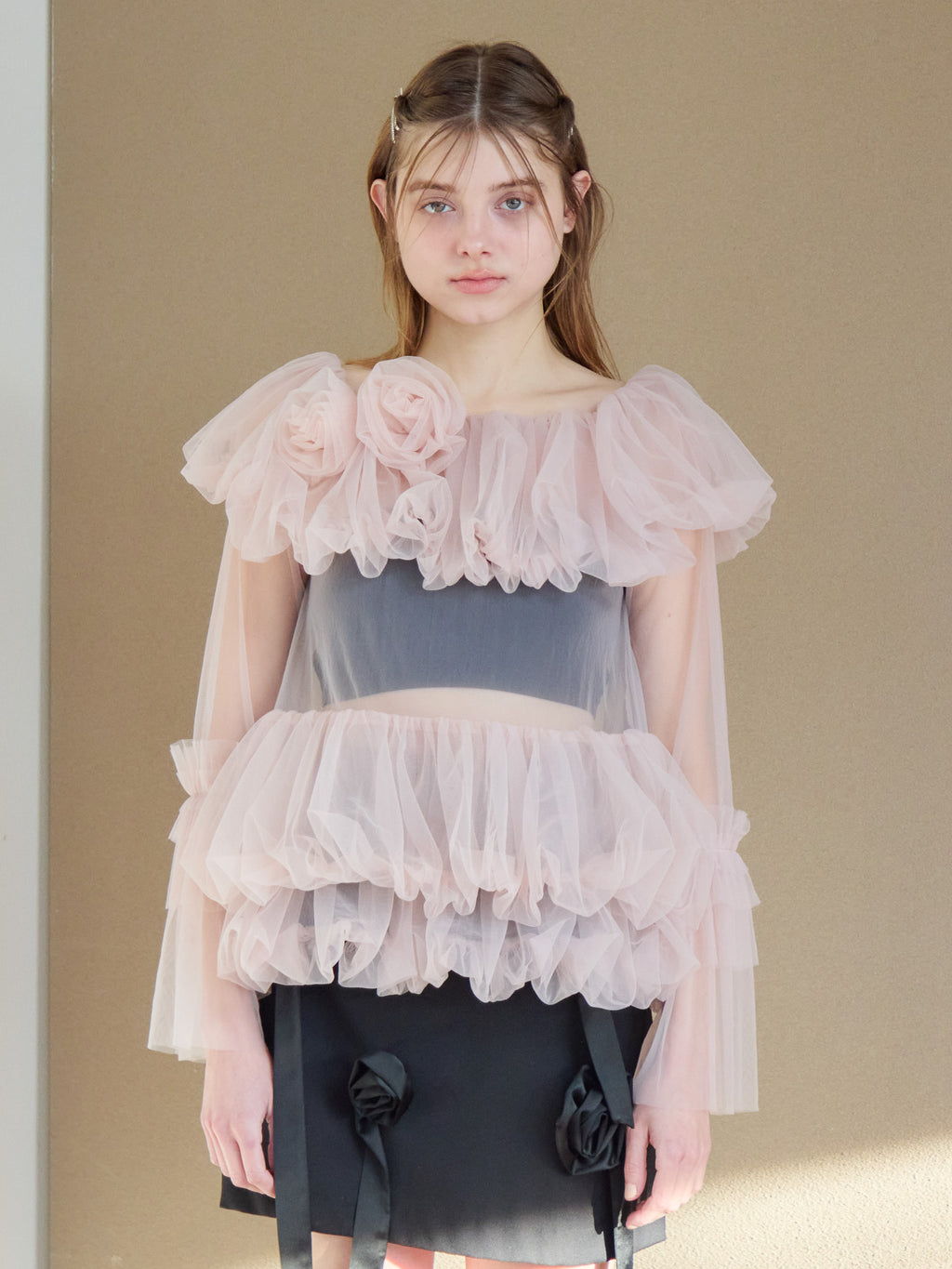 Rose tulle off shoulder blouse ピンク size:M model:174cm KATERYNA