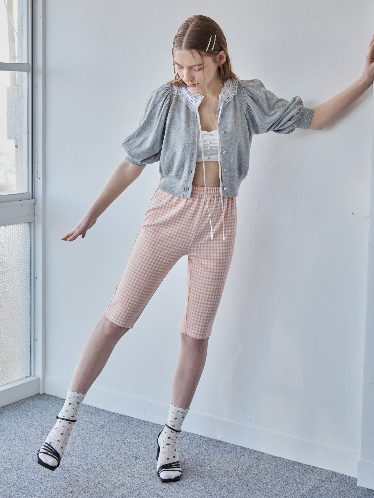 Gingham check sabrina stretch pants ピンク size:M model:171cm ANIUTA