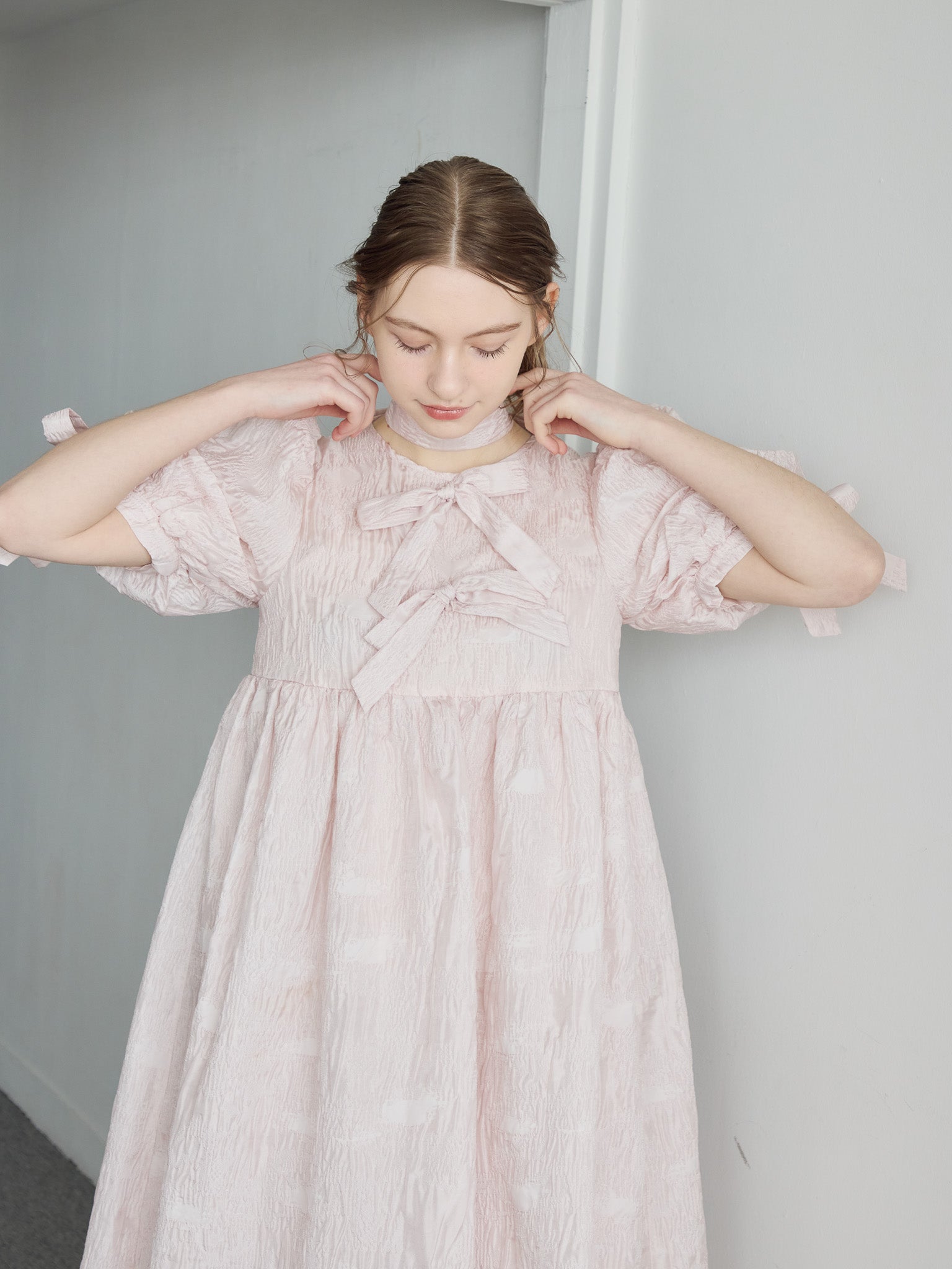 Ribbon jaquard volume dress ピンク size:M model:171cm ANIUTA