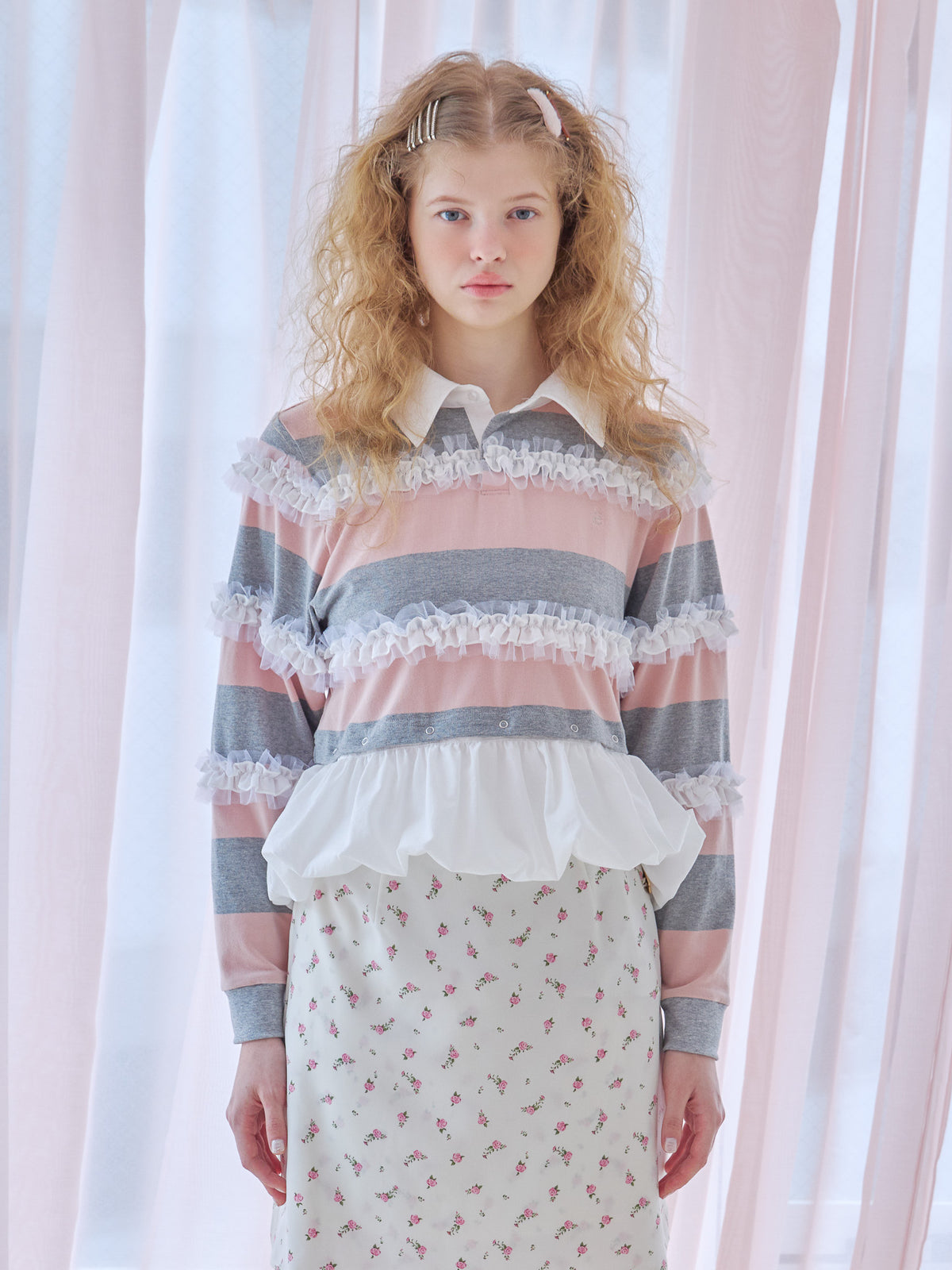 Balloon hem rugby shirt ピンク size:M model:173cm Olesia